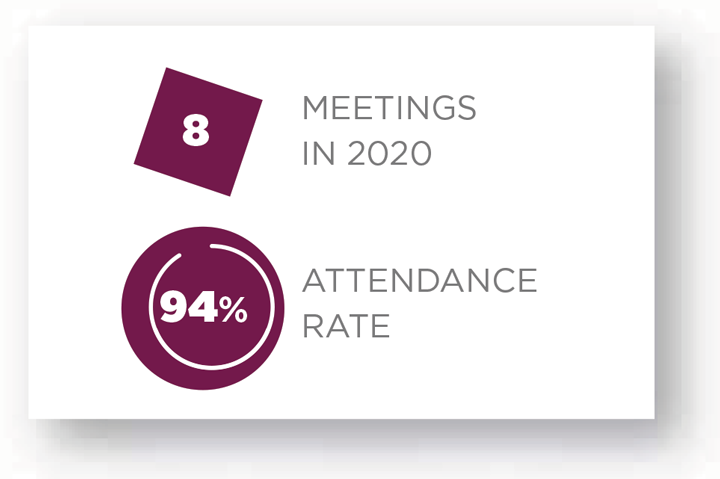 8 meetings in 2020, 94% attendance rate